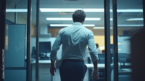 Businessman Walking Through Office Doors: Corporate Success and Ambition