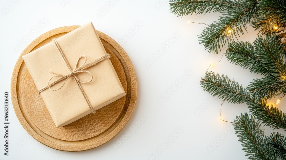 Two neatly wrapped Christmas gifts in kraft paper are placed on a round wooden slice, accompanied by pine branches, creating a cozy holiday atmosphere Two neatly wrapped Christmas gifts in kraft paper are placed on a round wooden slice, accompanied by pine branches, creating a cozy holiday atmosphere