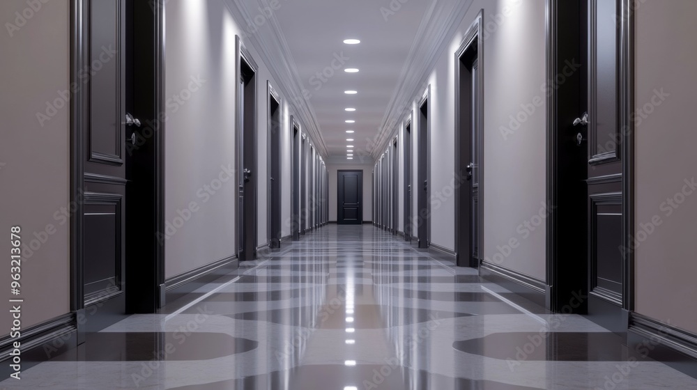 A long, empty hallway with closed doors leading to rooms on either side, tiled floor with a pattern of geometric shapes, lighting in the ceiling. A long, empty hallway with closed doors leading to rooms on either side, tiled floor with a pattern of geometric shapes, lighting in the ceiling.