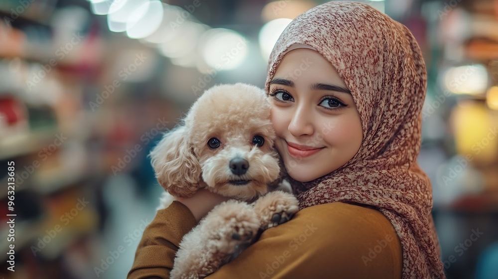 Cheerful woman holding poodle and looking at camera near muslim seller in pet shop : Generative AI Cheerful woman holding poodle and looking at camera near muslim seller in pet shop : Generative AI