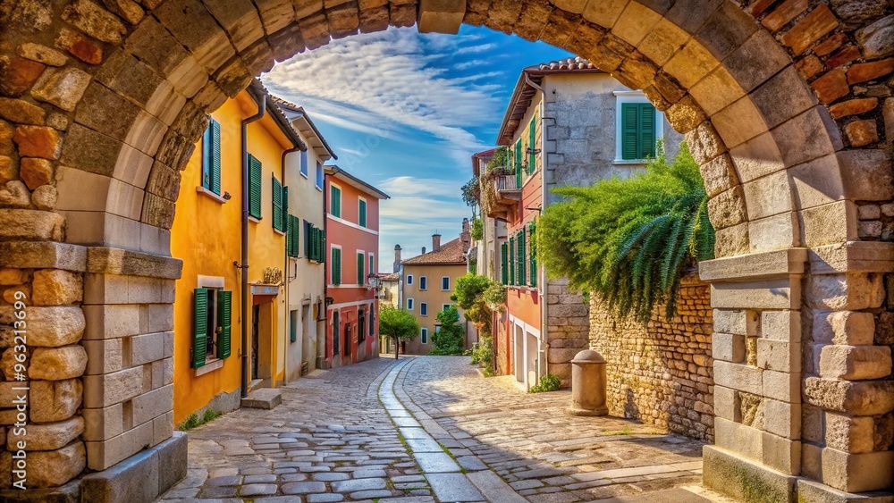 Fototapeta premium An impressive arch on the stone paved Garzotto street in Rovinj Croatia creating a forced perspective leading into the charming old town, Garzotto street, landmark, Rovinj