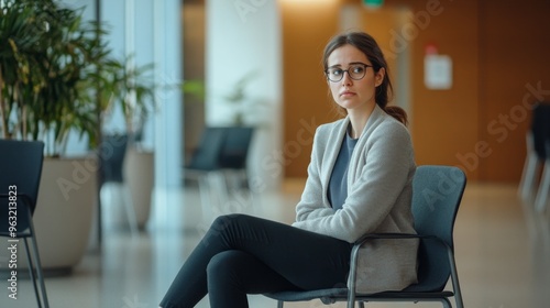 Businesswoman waiting for a job interview at an office center during a challenging job market