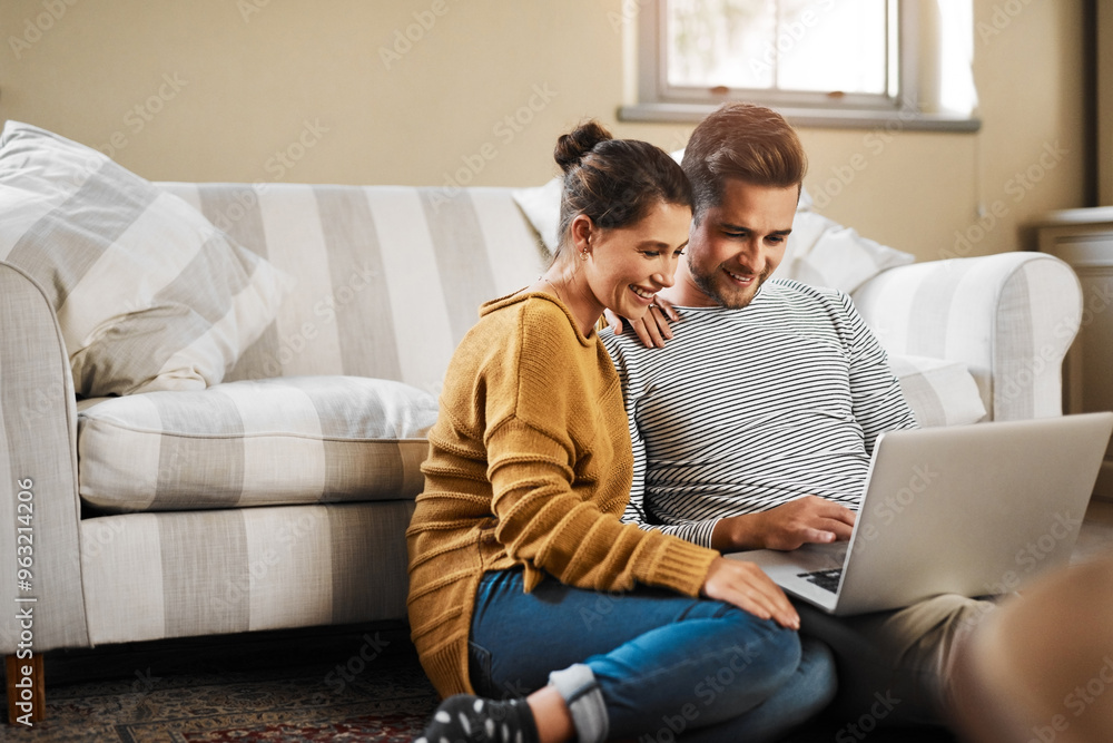 Laptop, relax and online with couple in living room for investment portfolio, application and bank loan. Future, technology and partnership with man and woman in home for real estate research Laptop, relax and online with couple in living room for investment portfolio, application and bank loan. Future, technology and partnership with man and woman in home for real estate research