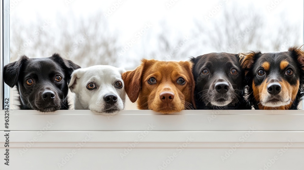 Five Curious Dogs Looking Out The Window Five Curious Dogs Looking Out The Window