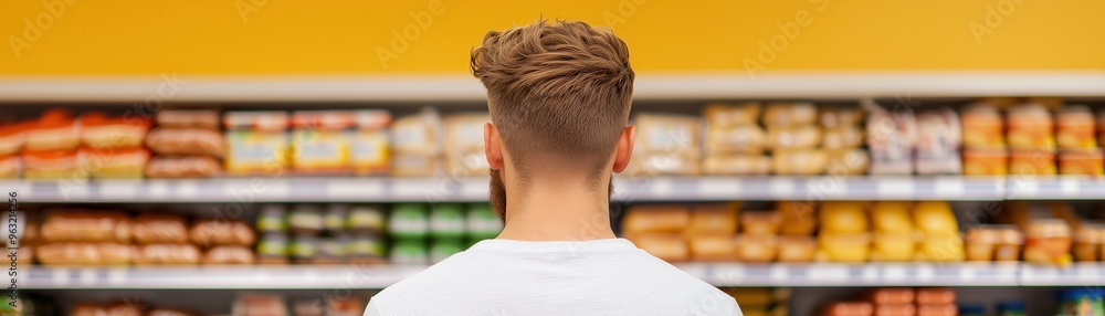 Man reading nutrition labels at a grocery store, healthy eating habits. Man reading nutrition labels at a grocery store, healthy eating habits.