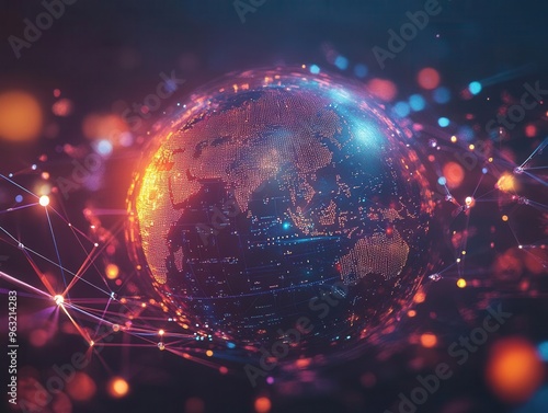 Interconnected world, globally linked digital networks, 3D illustration photo