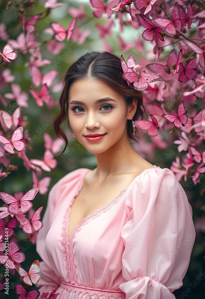 Charming woman in pink dress among butterflies. Charming woman in pink dress among butterflies.