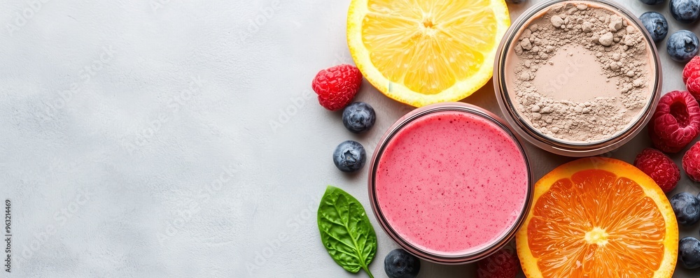 Colorful smoothie with protein powder, fitness-focused weight loss. Colorful smoothie with protein powder, fitness-focused weight loss.