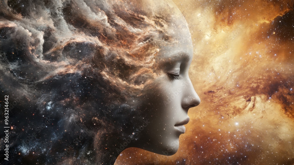 Surreal Digital Art of a Woman's Face Blending with Cosmic Nebula in Space Surreal Digital Art of a Woman's Face Blending with Cosmic Nebula in Space