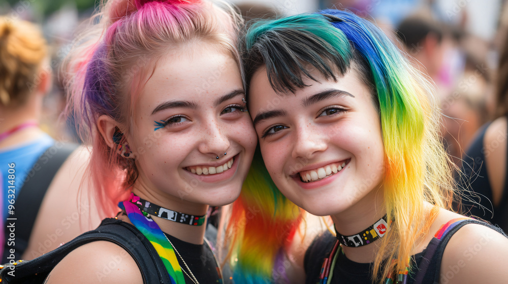 Fototapeta premium Two young women with dyed hair and colorful outfits are smiling during a pride event