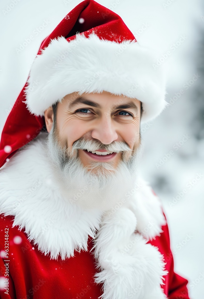 Cheerful Caucasian man dressed as Santa Claus with a snowy background. Concept of Christmas, holiday spirit, Santa costume, festive season. Cheerful Caucasian man dressed as Santa Claus with a snowy background. Concept of Christmas, holiday spirit, Santa costume, festive season.