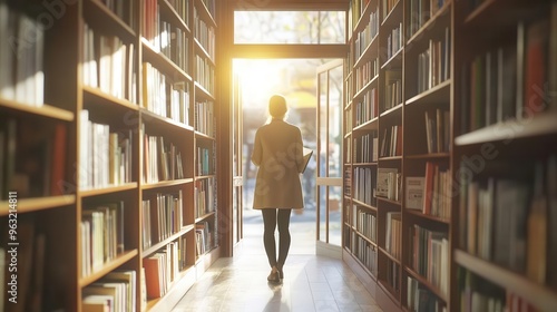 A person walks through a sunlit library, surrounded by bookshelves filled with books, creating a serene atmosphere.