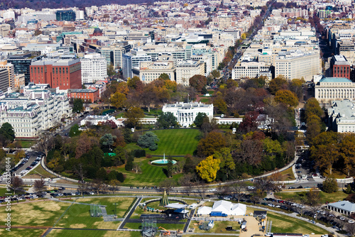 Late Autumn bird'e eye view overhead the White House & South Lawn, Washington DC
