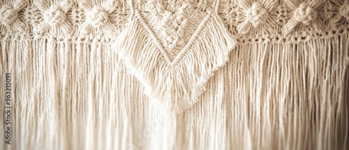 A beautifully crafted macrame textile featuring intricate patterns and delicate fringe, perfect for home decor inspiration. photo