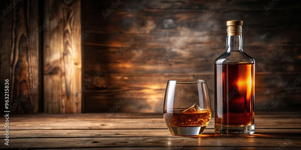 beverage, dimly lit, alcohol, A bottle of hard liquor such as rum whiskey cognac or bourbon placed on a wooden table in a dimly lit room with the light reflecting off the glass beverage, dimly lit, alcohol, A bottle of hard liquor such as rum whiskey cognac or bourbon placed on a wooden table in a dimly lit room with the light reflecting off the glass