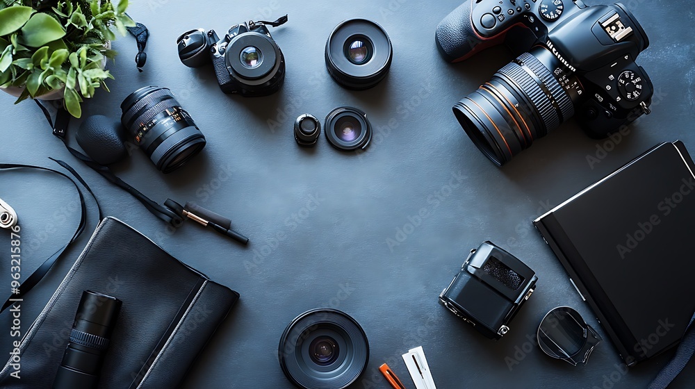 Flat Lay of Photography Equipment with Camera Lenses DSLR Camera and Accessories Flat Lay of Photography Equipment with Camera Lenses DSLR Camera and Accessories