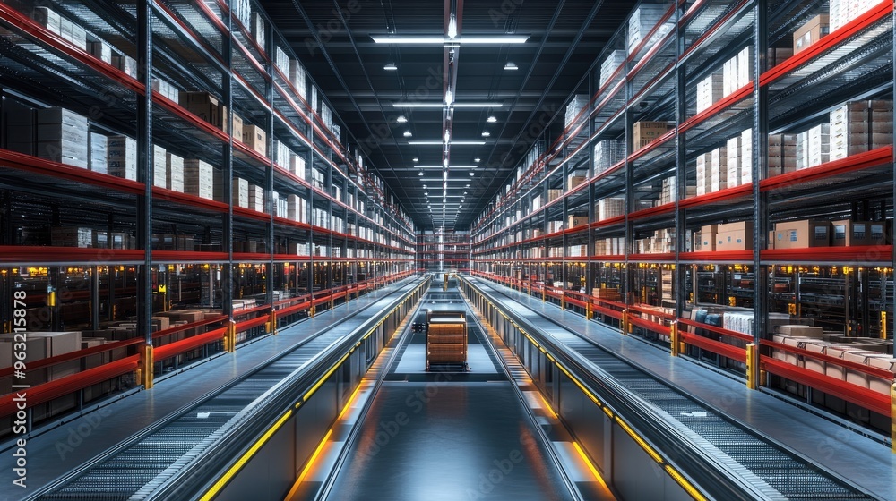 Fototapeta premium A sleek, modern logistics hub with streamlined efficiency, rows of shelves, and automated systems in action.
