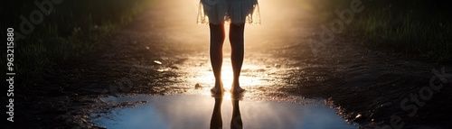 Silhouette of a Person Standing in a Puddle on a Dirt Path at Sunset with Warm Glowing Light