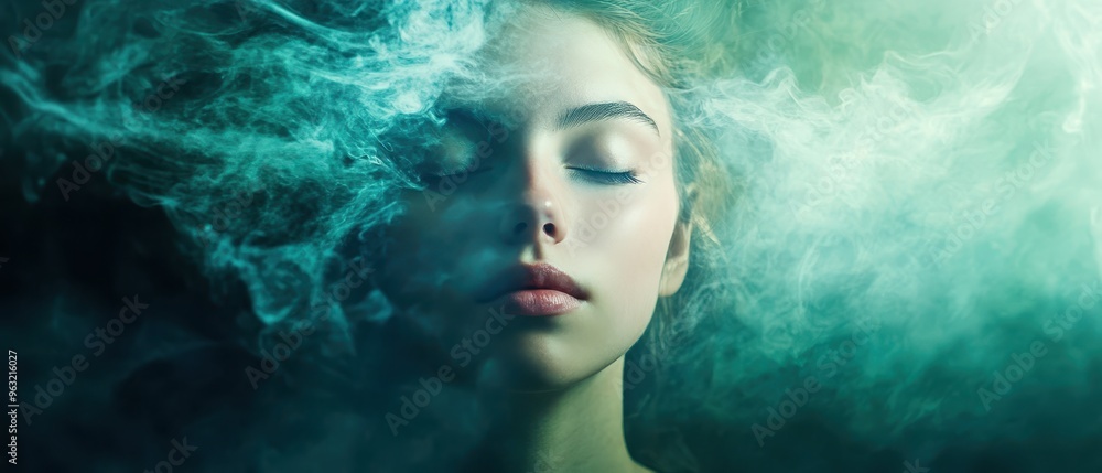 Serene Woman with Closed Eyes Surrounded by Ethereal Green Smoke in a Dreamlike Atmosphere Serene Woman with Closed Eyes Surrounded by Ethereal Green Smoke in a Dreamlike Atmosphere