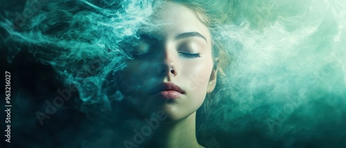 Serene Woman with Closed Eyes Surrounded by Ethereal Green Smoke in a Dreamlike Atmosphere