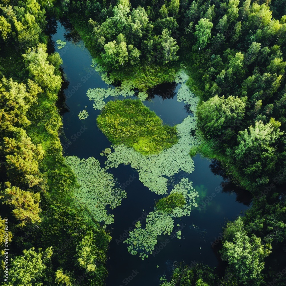 Aerial view of a lush green forest with a winding river and a small island in the middle. Aerial view of a lush green forest with a winding river and a small island in the middle.