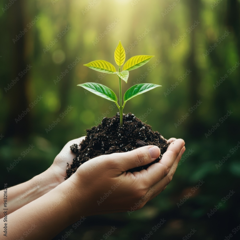 Young sapling in hand representing environmental and social governance (ESG) sustainability concept in nature conservancy and corporate responsibility initiatives