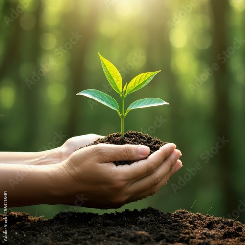 Young sapling in hand representing environmental and social governance (ESG) sustainability concept in nature conservancy and corporate responsibility initiatives photo