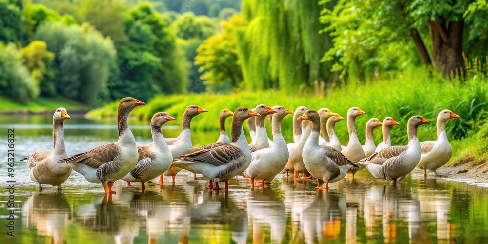Naklejka premium Many geese stand on the river bank surrounded by lush green nature, serene, river bank, landscape, feathers, birds, nature, bird, wings, low angle, beaks, waterfowl, flock, animals