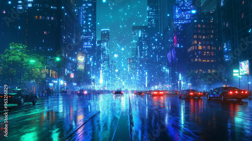 The Symphony of Neon Lights in a Futuristic Rain-Soaked Cityscape