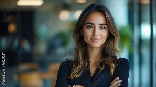 Confident professional young latin business woman company employee lady executive manager female worker or entrepreneur looking at camera standing arms crossed in modern office portrai : Generative AI photo