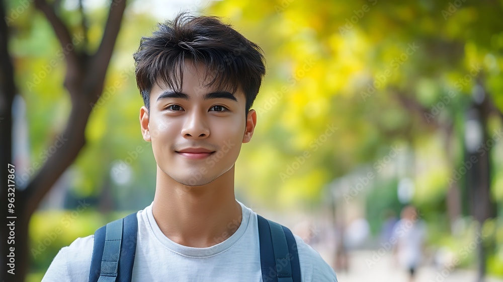 Young handsome Asian men selfie looking at the camera and walking exercise in the park : Generative AI Young handsome Asian men selfie looking at the camera and walking exercise in the park : Generative AI