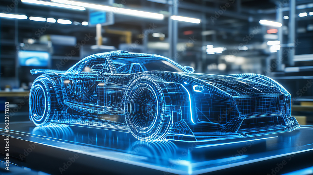 A high-tech, holographic wireframe model of a futuristic sports car displayed in an advanced automotive engineering facility A high-tech, holographic wireframe model of a futuristic sports car displayed in an advanced automotive engineering facility