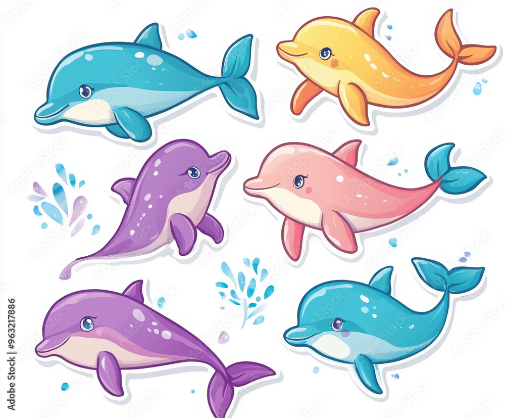 Obraz premium dolphins marine life ocean sea animals aquatic stickers cartoon illustration cute dolphins playful dolphins pink dolphins blue dolphins dolphin family underwater 
