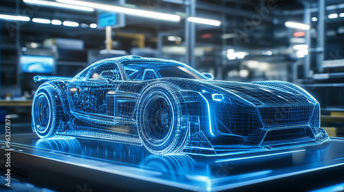 A high-tech, holographic wireframe model of a futuristic sports car displayed in an advanced automotive engineering facility