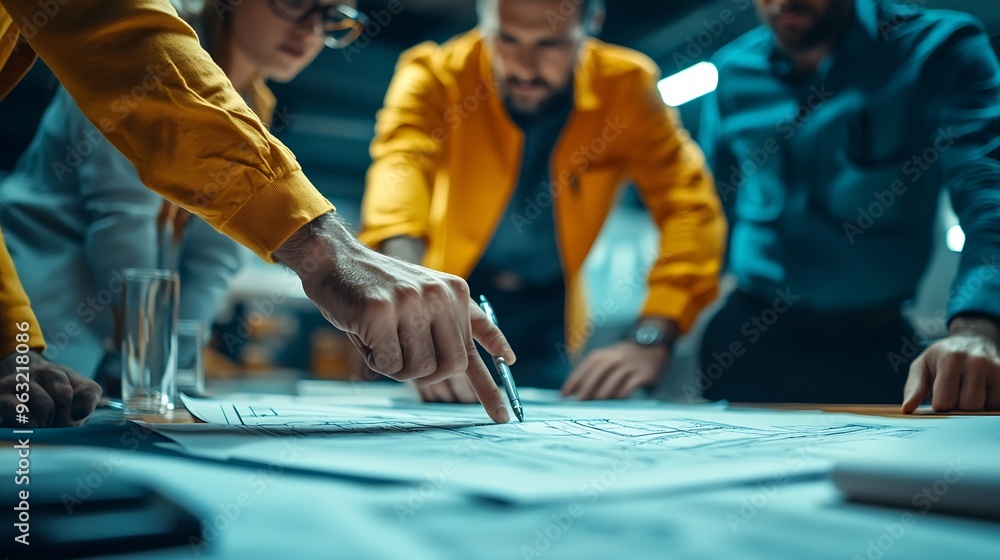 Obraz premium A multicultural group of engineers pointing at plans and blueprints at meeting room on a briefing : Generative AI