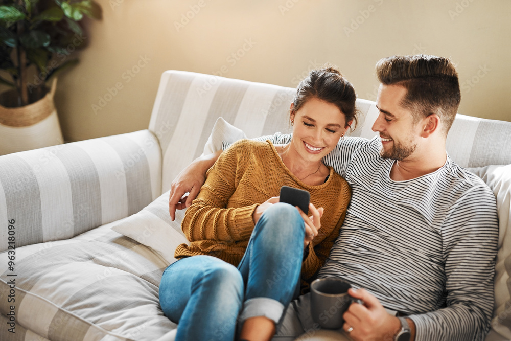 Sofa, couple and relax with smartphone for joke, conversation and bonding together with connection. Happy people, man and woman with cellphone for mobile app, social media and online meme at home Sofa, couple and relax with smartphone for joke, conversation and bonding together with connection. Happy people, man and woman with cellphone for mobile app, social media and online meme at home