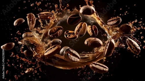 Dynamic Explosion of Coffee Beans and Liquid splash with Against a Black Background for Commercial Video
