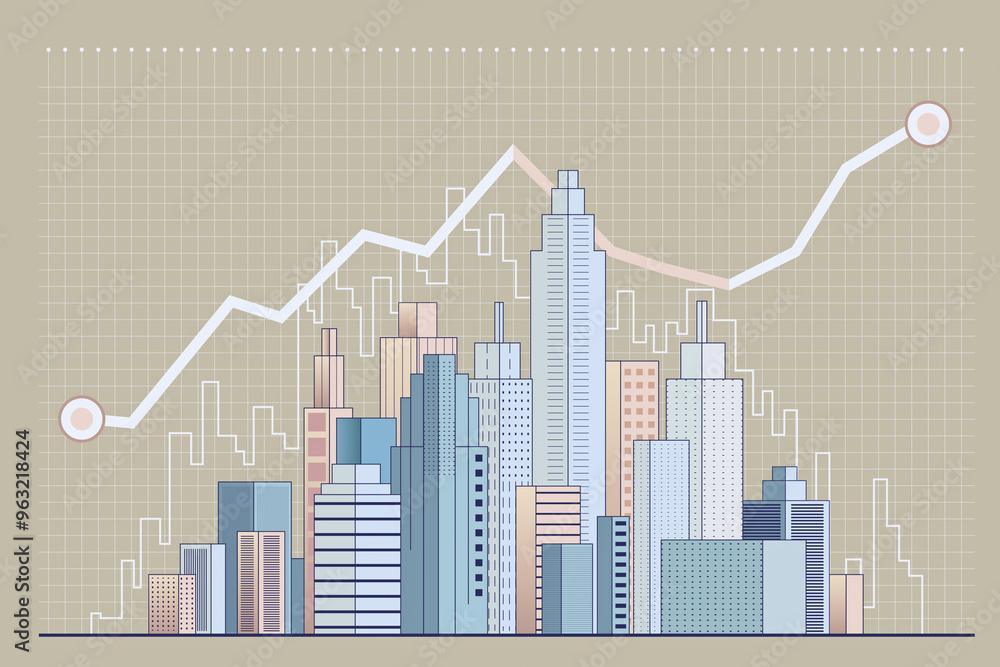 City skyline with data stats and growth chart in a 3D illustration. 3D Rendering City skyline with data stats and growth chart in a 3D illustration. 3D Rendering