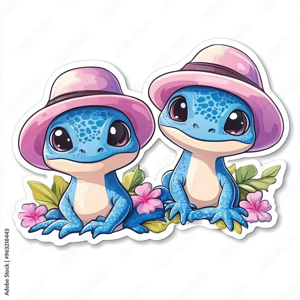 Fototapeta premium frog cartoon cute animal illustration blue nature flowers summer hat kawaii character friendship tropical sticker playful vibrant exotic art design duo pets wildlife fun couple 