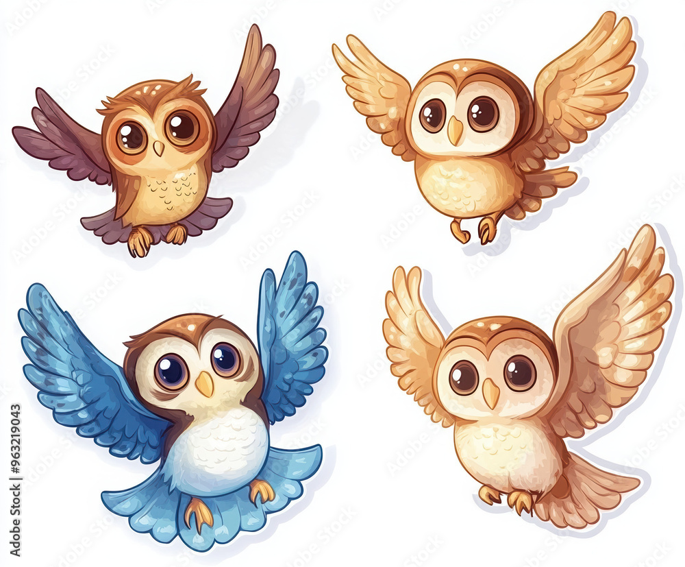 Fototapeta premium owl birds cartoon cute animal illustration flying nature colorful wildlife design vector art character playful smiling fluffy baby owl cartoon owls 