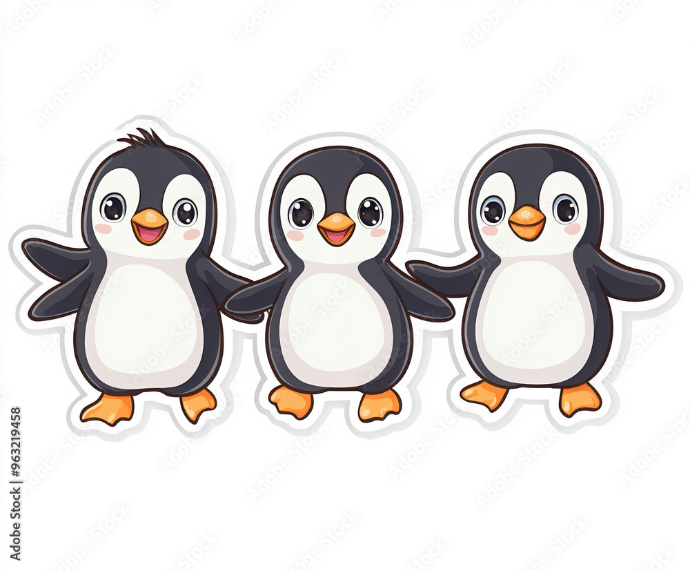 Fototapeta premium penguins cute animals cartoon illustration arctic wildlife animal group playful winter snow blue water fluffy adorable friends character design 