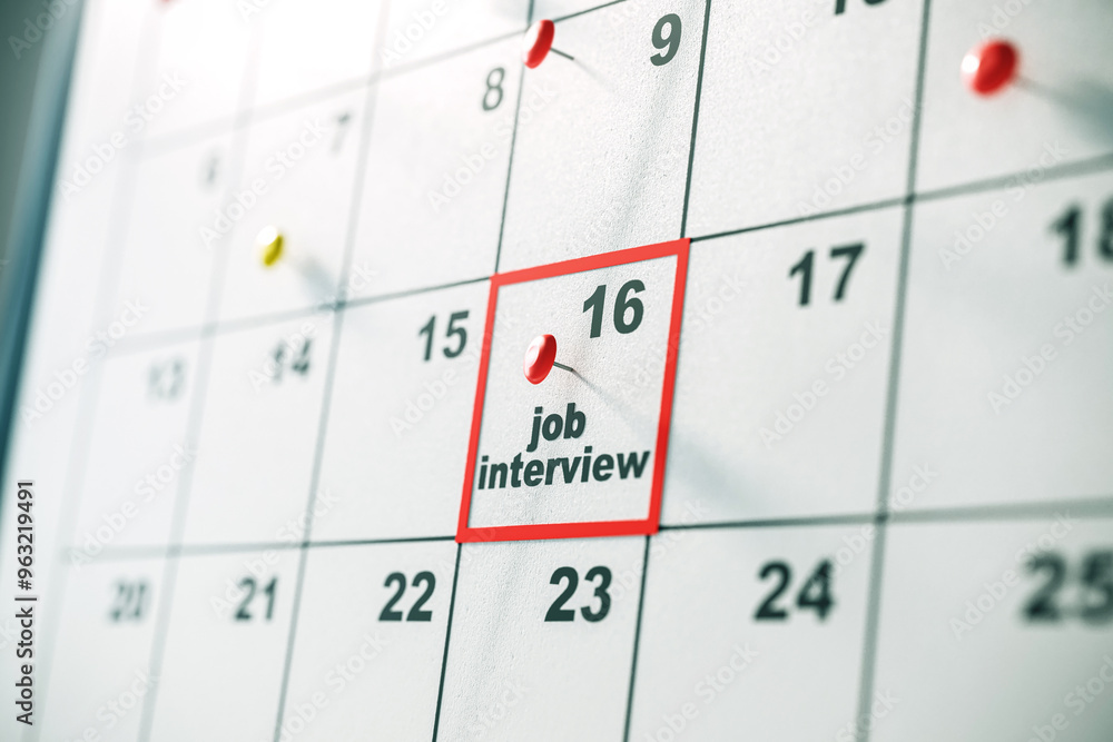 Closeup of a calendar with a job interview marked on the 16th with a red pin. 3D Rendering Closeup of a calendar with a job interview marked on the 16th with a red pin. 3D Rendering