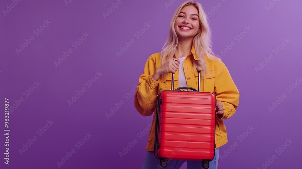 Happy blonde girl tourist holding travel suitcase standing isolated on purple background Smiling young woman traveler with baggage dancing celebrating summer vacation trip Full body ve : Generative AI Happy blonde girl tourist holding travel suitcase standing isolated on purple background Smiling young woman traveler with baggage dancing celebrating summer vacation trip Full body ve : Generative AI