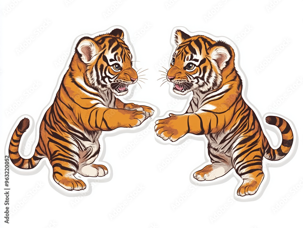Obraz premium tiger cubs animal wildlife cute cartoon illustration playful happy baby animals orange fur stripes pet zoo nature graphic design children\'s art stickers fun exotic animals 