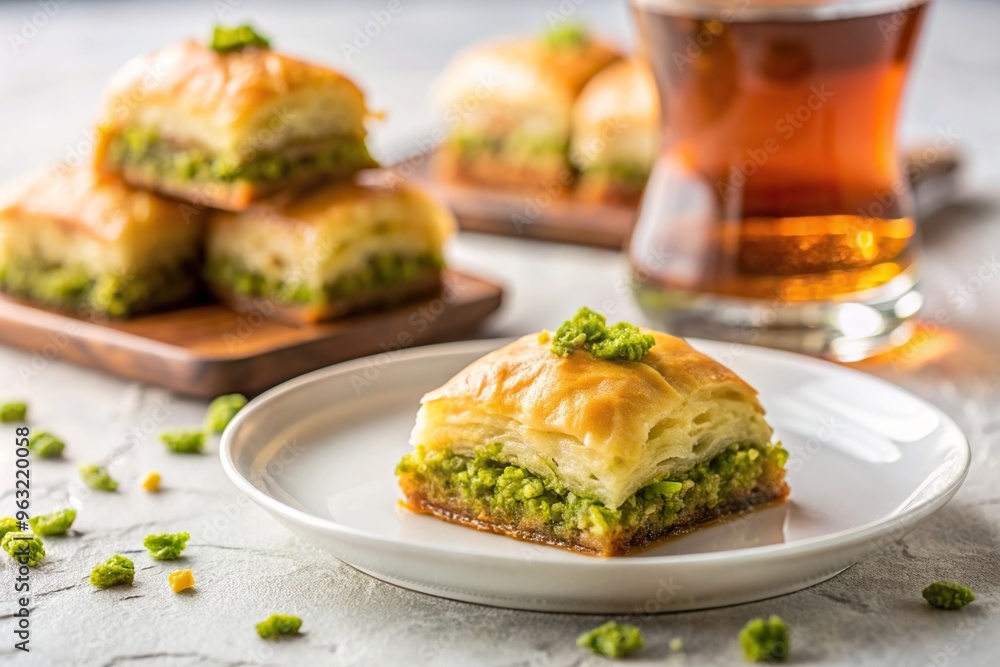 Turkish, snack, A close up of a delicious piece of baklava topped with crushed pistachios served alongside a traditional Turkish tea in a glass cup on a clean white background Turkish, snack, A close up of a delicious piece of baklava topped with crushed pistachios served alongside a traditional Turkish tea in a glass cup on a clean white background