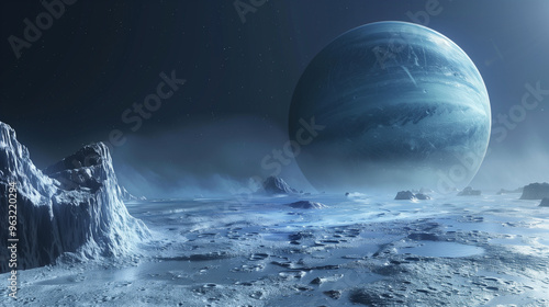 Realistic 3D scene of Neptune and Triton, deep blue color, dynamic atmosphere, visible storms, cloud formations, nitrogen ice on the moon, PNG file, Generated AI photo