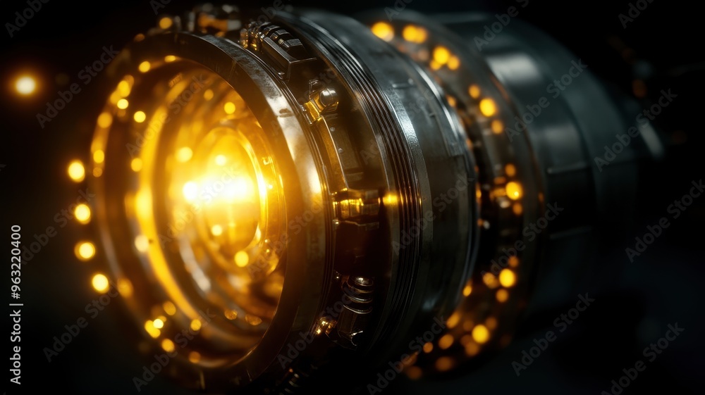Futuristic Glowing Mechanical Device with Intricate Details and Golden Lights in a Dark Background Futuristic Glowing Mechanical Device with Intricate Details and Golden Lights in a Dark Background