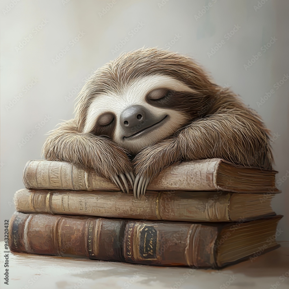 Fototapeta premium Adorable Sloth Sleeping on a Stack of Vintage Books in a Cozy Setting