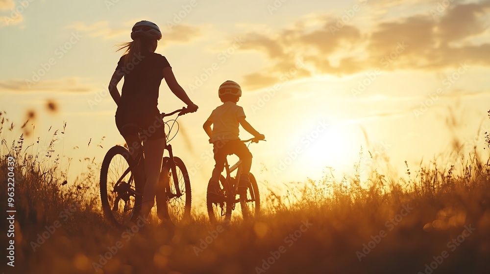 Happy mother and son go in sports outdoors Boy rides bike in helmets mom runs on sunny day Silhouette family at sunset Fresh air Health care authenticity sense of balance and calmness : Generative AI Happy mother and son go in sports outdoors Boy rides bike in helmets mom runs on sunny day Silhouette family at sunset Fresh air Health care authenticity sense of balance and calmness : Generative AI