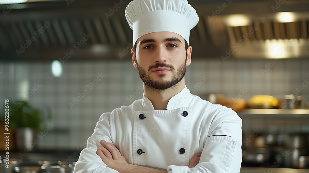 Professional chef with arms crossed in the kitchen looking at camera Copy space : Generative AI Professional chef with arms crossed in the kitchen looking at camera Copy space : Generative AI